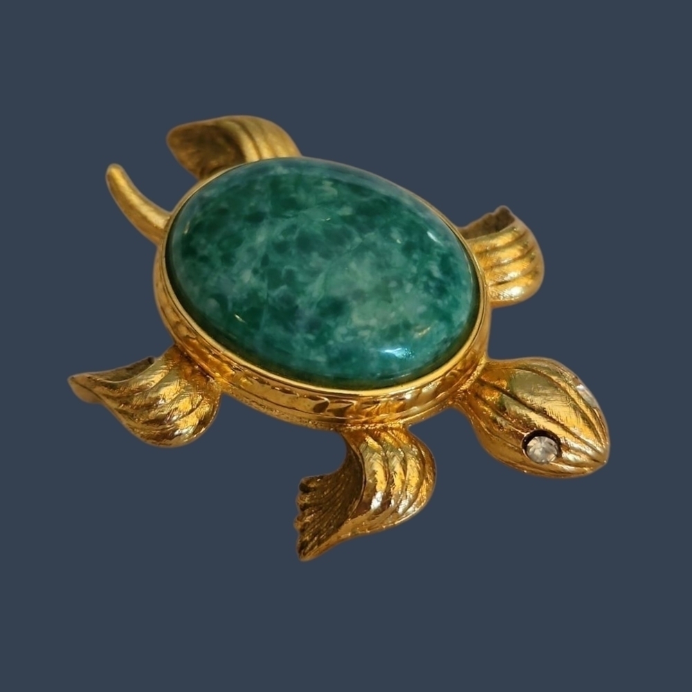 Vtg AVON 1971 Green Gemstone Tortoise Perfume Glace Trinket Locket Box - Picture 1 of 9